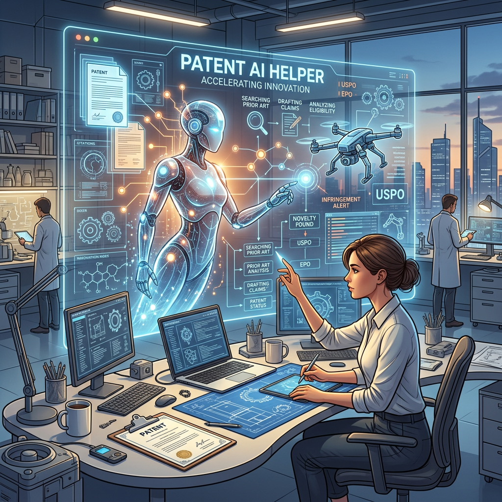 Futuristic AI assistant helping researcher with patent drafting and analysis in a modern lab